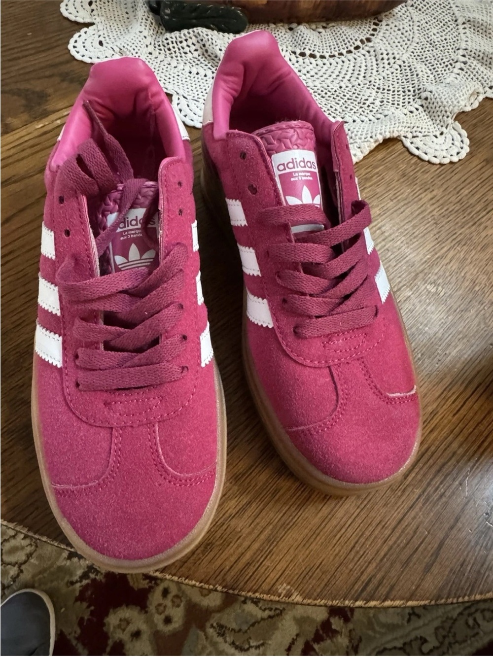 adidas Pink Suede Sneakers with White Stripes and Gum Sole
